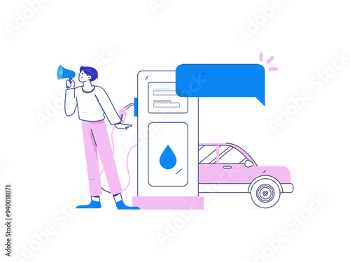 Vector Internet operation hand-drawn illustration of people getting discounts for refueling their cars
