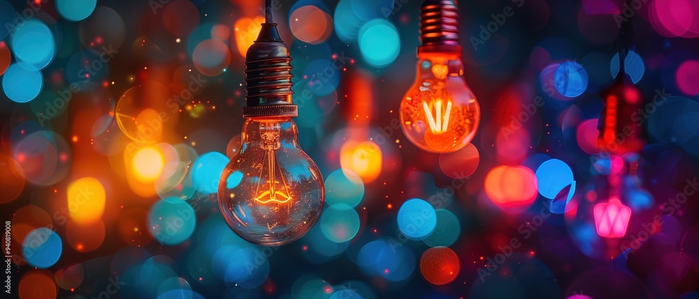 Array of colorful light bulbs hanging in a dark room Array of colorful light bulbs hanging in a dark room