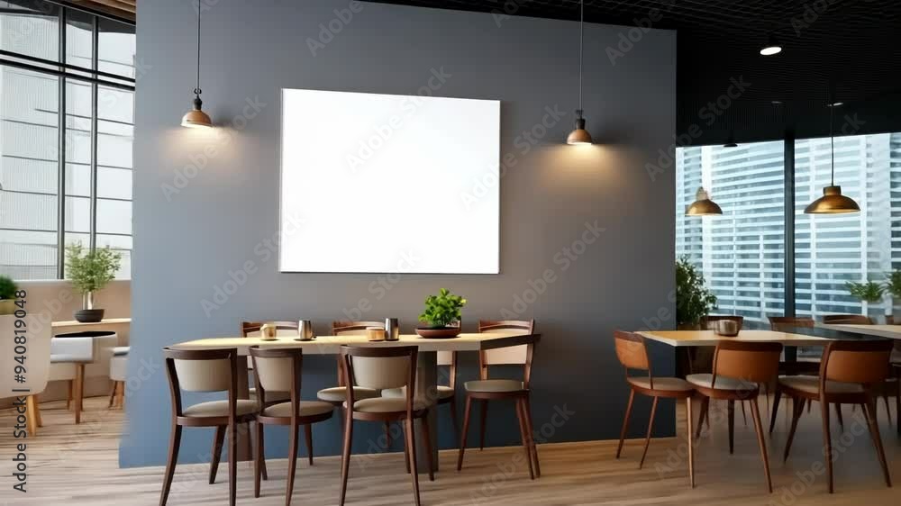 Blank white horizontal billboard on wall in cafe interior, inside advertising poster, mock up, concept of marketing communication to promote or sell idea Blank white horizontal billboard on wall in cafe interior, inside advertising poster, mock up, concept of marketing communication to promote or sell idea