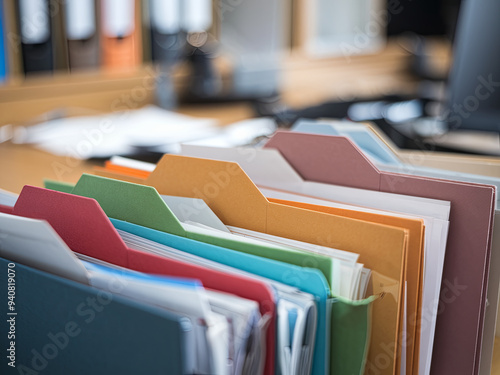 A row of colorful office folders, organizing and categorizing documents in a professional setting	 photo