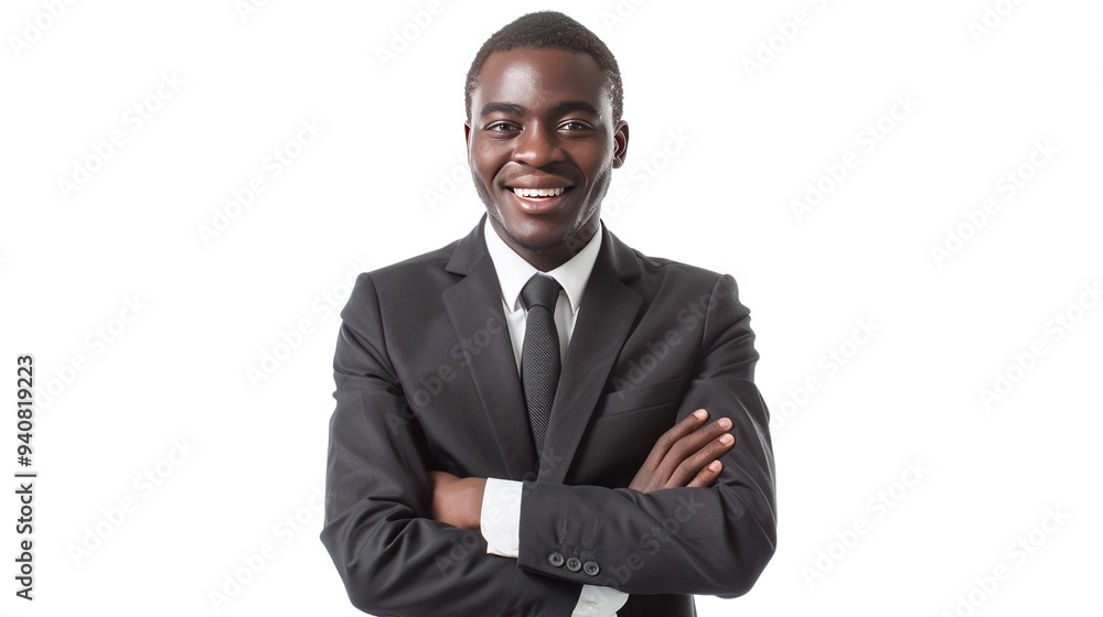 Portrait of dark young business man smiling and standing posing arms crossed, isolated on white background Portrait of dark young business man smiling and standing posing arms crossed, isolated on white background