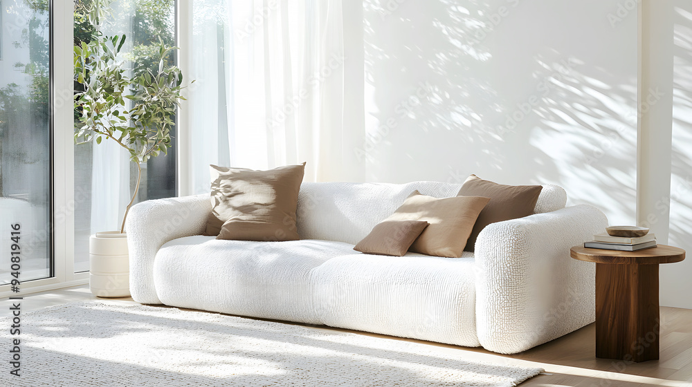 Fototapeta premium Japandi Fusion A bright, minimalist living room blending Japanese and Scandinavian design elements. The cozy white textured sofa is complemented by earthy-toned pillows and a sleek wooden side table