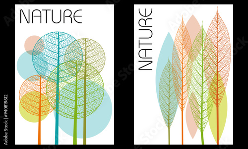 2 flyers ou couvertures pour une brochure sur la nature avec des arbre stylisés aux couleurs de l’automne.
