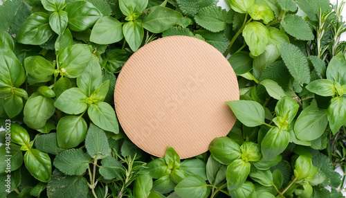 Cardboard circle with copy space, surrounded by plants, green leaves photo