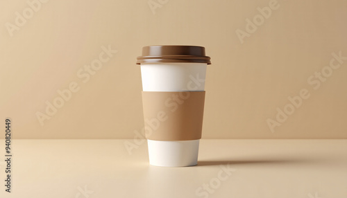 Mock up blank eco-friendly coffee cup with brown sleeve, placed on a solid background