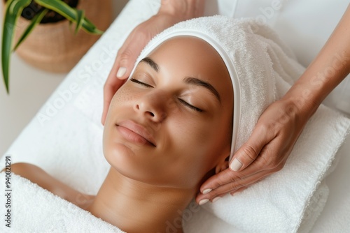 A woman gets a facial massage in a cosmetology room. Rejuvenating, lymphatic drainage massage. Aesthetic cosmetology. Facial care photo