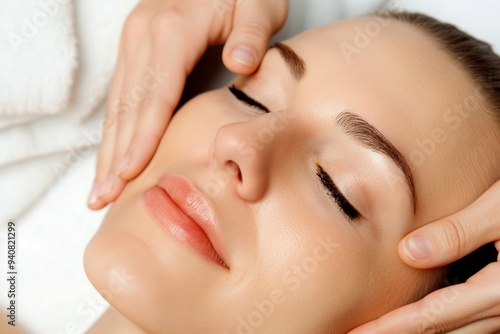 A woman gets a facial massage in a cosmetology room. Rejuvenating, lymphatic drainage massage. Aesthetic cosmetology. Facial care
