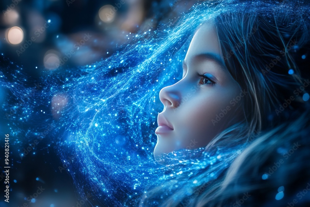 Dreamlike portrait of a woman wrapped in stars with a glowing brain symbolizing the connection between thought imagination and the mysteries of the cosmos in a soft and surreal visual style Dreamlike portrait of a woman wrapped in stars with a glowing brain symbolizing the connection between thought imagination and the mysteries of the cosmos in a soft and surreal visual style