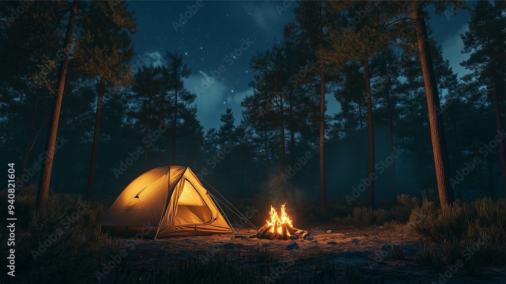Set up a tent and build a campfire in the pine forest at night. Set up a tent and build a campfire in the pine forest at night.