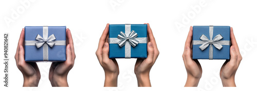 A collection of hands holding blue gift boxes with silver ribbons, isolated on a transparent background, perfect for Christmas gifting concepts