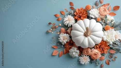 Pumpkin surrounded by luxurious, colorful flowers in a decorative autumnal arrangement.