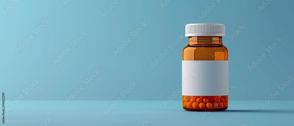 Orange pill bottle with blank label on blue background Orange pill bottle with blank label on blue background
