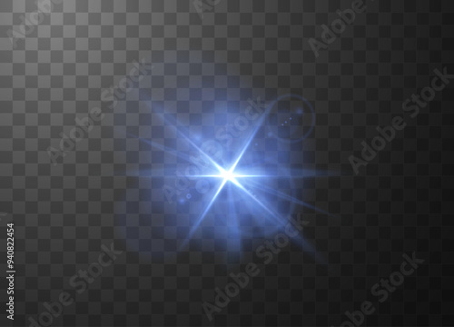 Blue sunlight glare effect with halo radiance vector illustration, shining light beam, dazzling star flash with blur