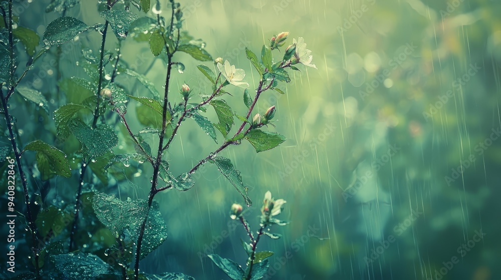 A plant with rain-adorned leaves , accompanied by a tree in the backdrop A plant with rain-adorned leaves , accompanied by a tree in the backdrop