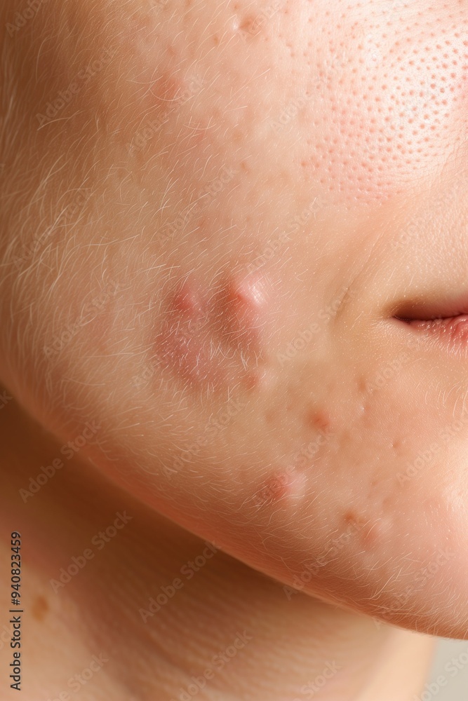 Fototapeta premium Skin with acne close-up. The girl with pimples. Cosmetology, acne treatment, rosacea. Problematic facial skin