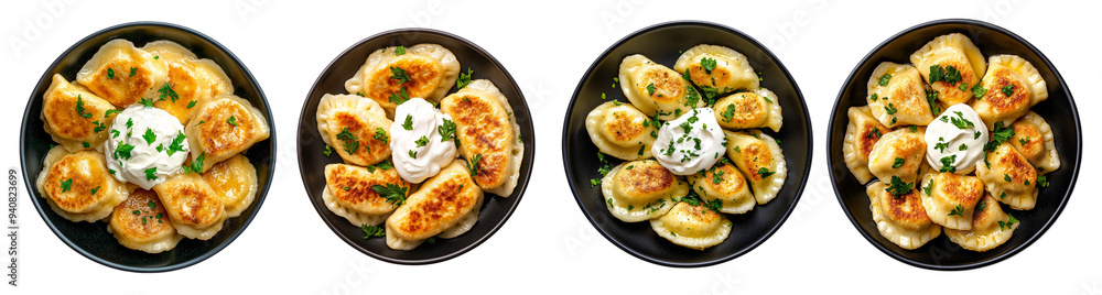 A set of delicious traditional Ukrainian pierogi dumplings with sour cream, isolated on a transparent background, perfect for Easter celebration meals A set of delicious traditional Ukrainian pierogi dumplings with sour cream, isolated on a transparent background, perfect for Easter celebration meals