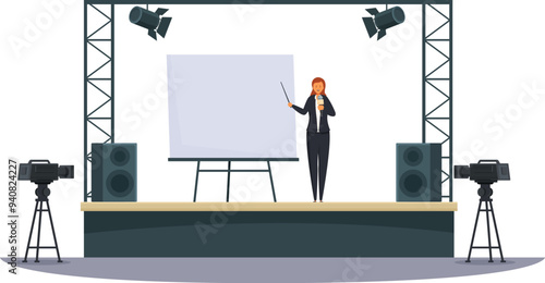 Female public speaker giving a speech on stage with microphone, spotlights, sound system, cameras and empty whiteboard
