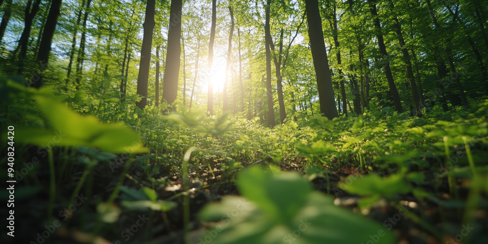 Fototapeta premium Lush Forest at Sunrise with Soft Sunlight in Spring