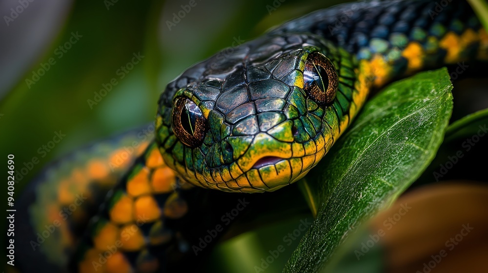 A tight shot of a green-yellow snake coiled on a verdant branch, surrounded by lush green leaves A tight shot of a green-yellow snake coiled on a verdant branch, surrounded by lush green leaves