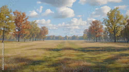 Sunny Meadow with Autumn Trees and Soft Clouds..