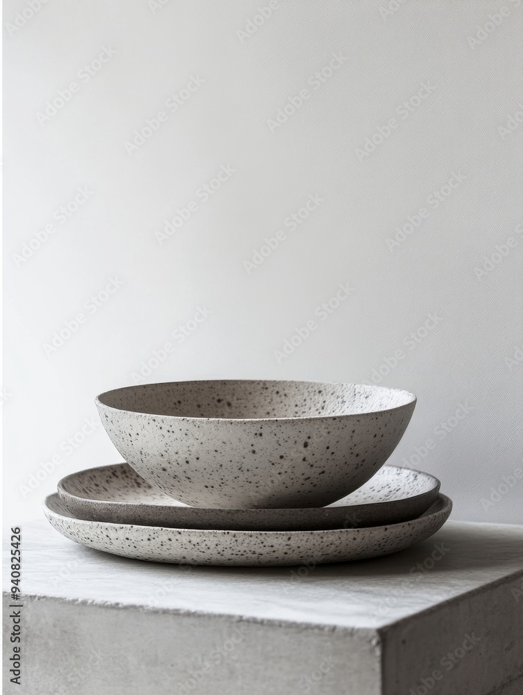 Minimalist Designer Composition Featuring a Bowl and Plate, with White Background, Embodying the Essence of Minimalist Aesthetics Minimalist Designer Composition Featuring a Bowl and Plate, with White Background, Embodying the Essence of Minimalist Aesthetics