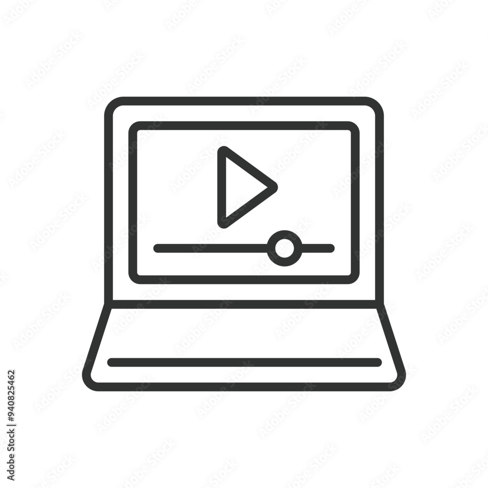 Laptop video, in line design. Video playback, laptop screen, streaming, video player, laptop icon on white background vector. Laptop video editable stroke icon Laptop video, in line design. Video playback, laptop screen, streaming, video player, laptop icon on white background vector. Laptop video editable stroke icon