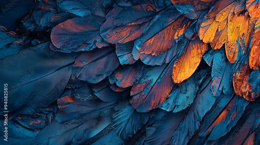 Obraz premium A tight shot of a bird's back displaying contrasting orange and blue feathers