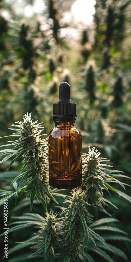 Doctor holding cbd oil bottle with cannabis plant in background Doctor holding cbd oil bottle with cannabis plant in background
