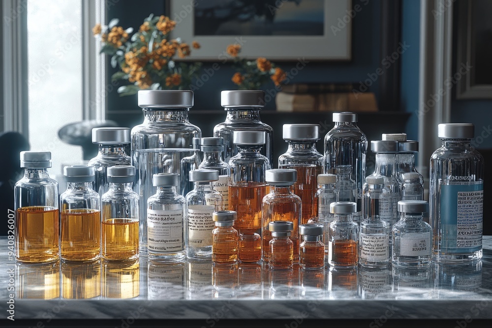 Scientist analyzing a group of vials with mysterious liquid in a laboratory Scientist analyzing a group of vials with mysterious liquid in a laboratory