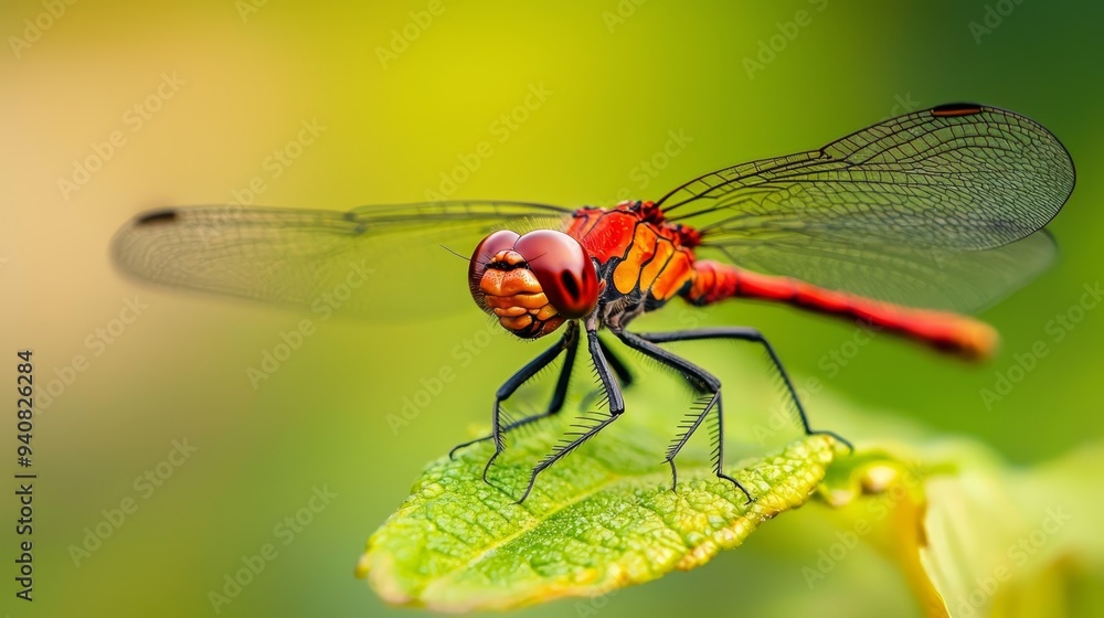 A red dragonfly, in sharp focus, perches on a green leaf Background softly blurred A red dragonfly, in sharp focus, perches on a green leaf Background softly blurred