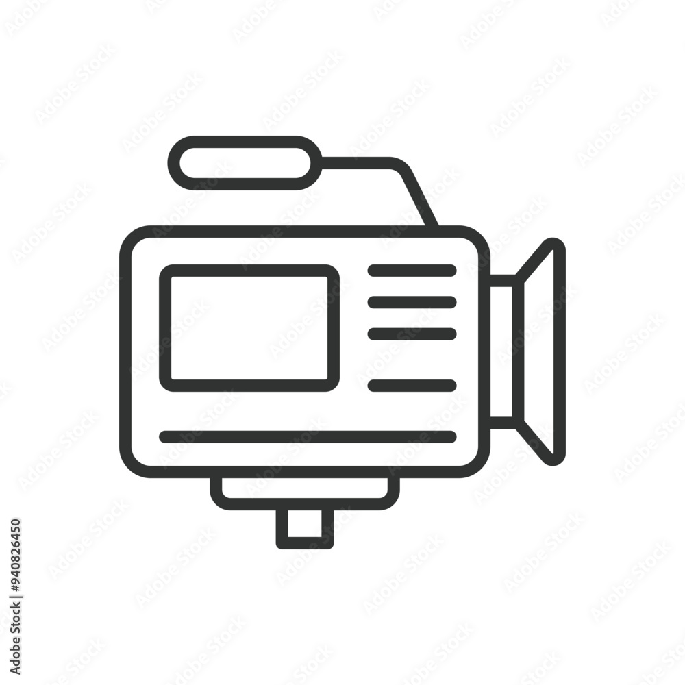 Video Camera, in line design. Camcorder, Digital video camera, recording device, Videography, Camera lens, Video recording on white background vector. Video Camera editable stroke icon. Video Camera, in line design. Camcorder, Digital video camera, recording device, Videography, Camera lens, Video recording on white background vector. Video Camera editable stroke icon.