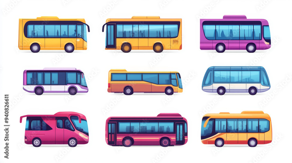 Travel bus icons, including emblems for tour transport or public transportation services. Vector icons for tourism, passenger travel, city coach vans, airport express transfers, or shuttle buses. Travel bus icons, including emblems for tour transport or public transportation services. Vector icons for tourism, passenger travel, city coach vans, airport express transfers, or shuttle buses.
