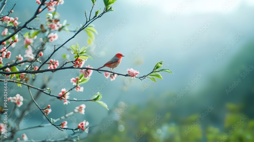 Fototapeta premium A red bird perches on a tree branch, surrounded by pink flowers in the foreground Behind it, a blue sky stretches expansively