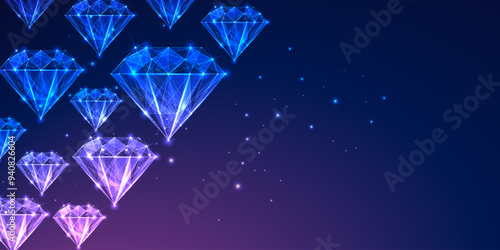 Diamonds banner with sparkling gems on dark blue to purple background. Luxury and elegance concept