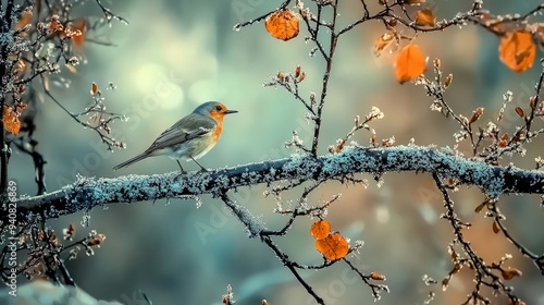  A small bird atop an icy tree branch against a backdrop of orange flowers and snow