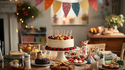 Wallpaper Mural Colorful Birthday Banner Hanging Above a Festively Decorated Table with Cakes Candles Gifts and Copy Space for Adding a Message or Greeting Torontodigital.ca