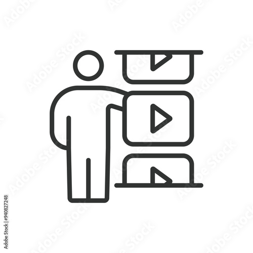 Shorts video scrolling, in line design. Vertical video, Swipe up, Mobile viewing, Short-form content, Video feed, on white background vector. Shorts video scrolling editable stroke icon.