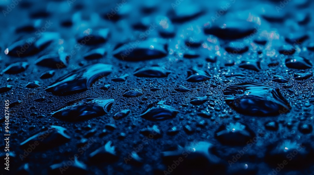 A tight shot of water droplets on a surface, with a left half tinted dark blue A tight shot of water droplets on a surface, with a left half tinted dark blue