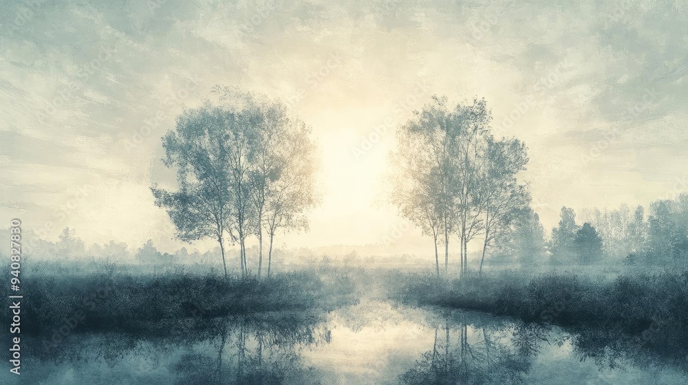 A serene landscape featuring misty trees by a tranquil river at sunrise, evoking peace and natural beauty. A serene landscape featuring misty trees by a tranquil river at sunrise, evoking peace and natural beauty.