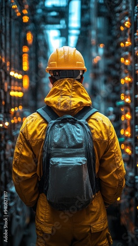 Electrical Engineer Inspecting High-Voltage Power Lines: Rear View of Safety-Equipped Professional at Electrical Substation. Industrial Infrastructure Maintenance, Energy Distribution, and Occupationa