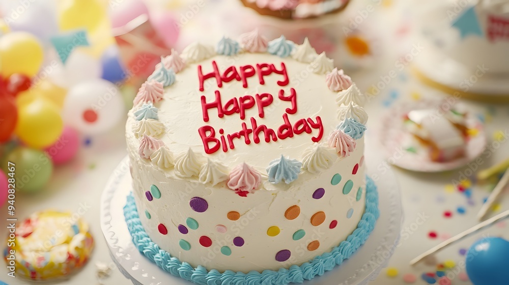A beautifully decorated birthday cake with Happy Birthday written in vibrant icing surrounded by a colorful assortment of party a joyful and celebratory atmosphere for a special occasion A beautifully decorated birthday cake with Happy Birthday written in vibrant icing surrounded by a colorful assortment of party a joyful and celebratory atmosphere for a special occasion