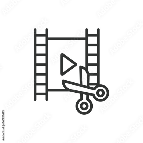 Video editing, in line design. Production, editing software, video clip, timeline, editing tool, video effects on white background vector. Video editing editable stroke icon.