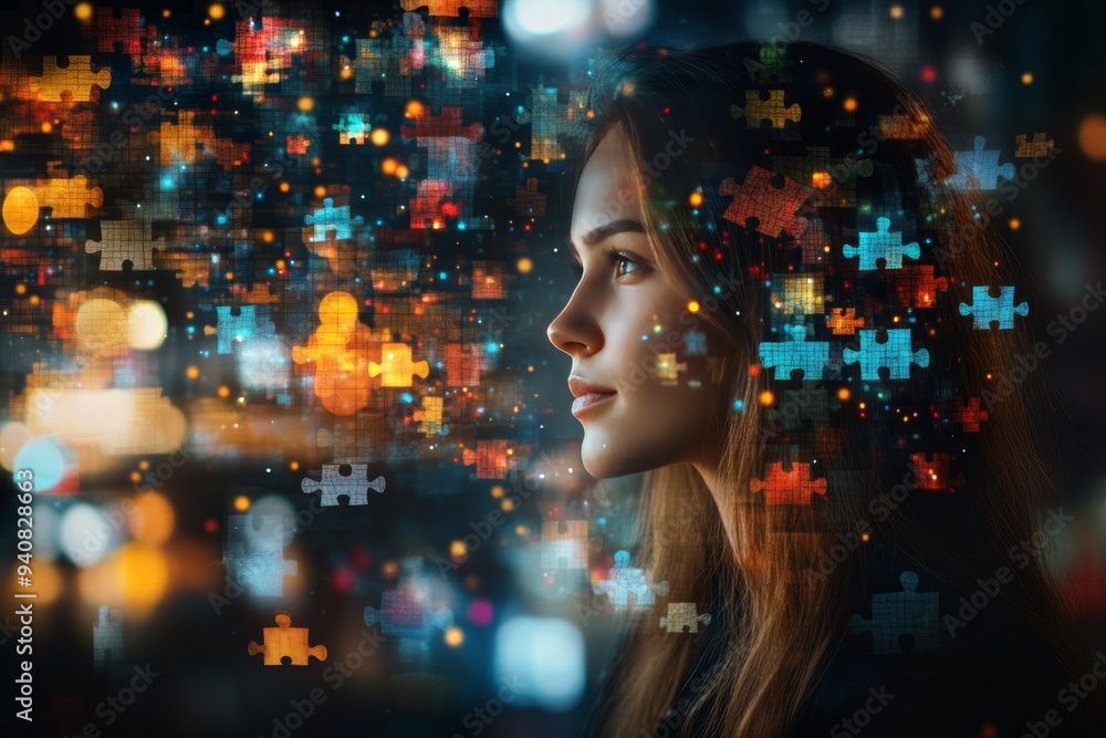 Womans Profile with Digital Brain and Scattered Puzzle Pieces: A Metaphorical Exploration of Technologys Role in Modern Cognitive and Creative Processes Womans Profile with Digital Brain and Scattered Puzzle Pieces: A Metaphorical Exploration of Technologys Role in Modern Cognitive and Creative Processes