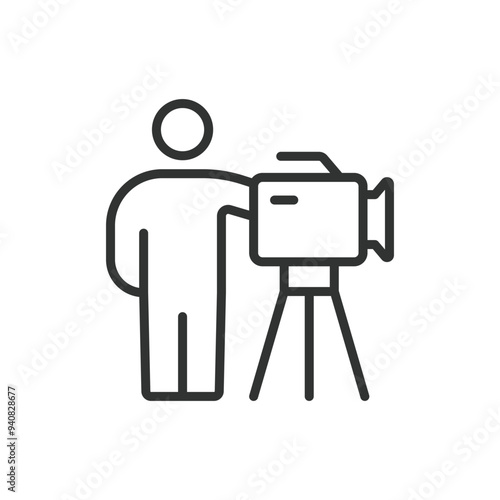 Cameraman, in line design. Cameraman, camera operator, filming, video production, film crew, recording, camera on white background vector. Cameraman editable stroke icon.