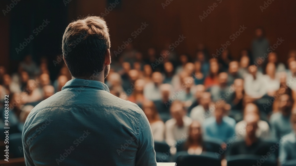 A corporate event speaker delivers a speech in the conference hall. The conference hall's audience. Concept of business and entrepreneurship. Pay attention to the audience members who are unfamiliar. A corporate event speaker delivers a speech in the conference hall. The conference hall's audience. Concept of business and entrepreneurship. Pay attention to the audience members who are unfamiliar.