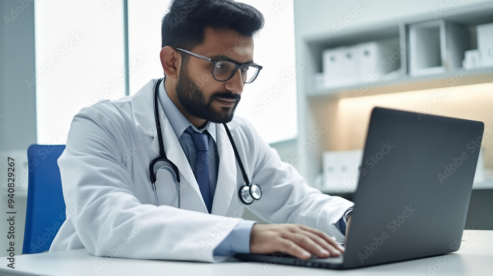 A male doctor in a white coat is using a laptop computer while sitting at a desk, working on digital medical documents and data online. A male doctor in a white coat is using a laptop computer while sitting at a desk, working on digital medical documents and data online.