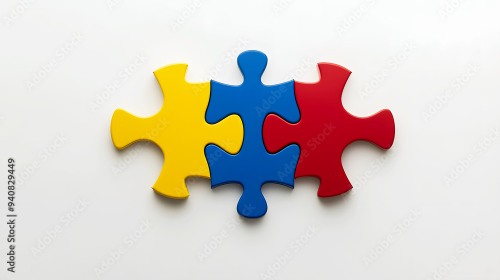 Obraz premium Modern Minimalism Three interlocking puzzle pieces in yellow, blue, and red set against a clean white background, with sharp lines and flat colors
