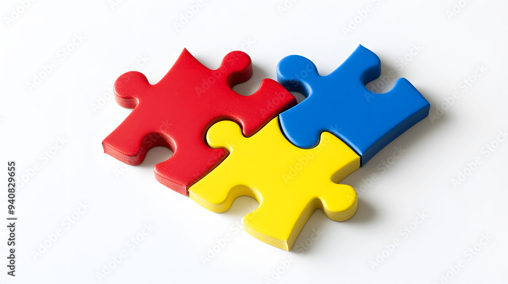 Modern Minimalism Three interlocking puzzle pieces in yellow, blue, and red set against a clean white background, with sharp lines and flat colors Modern Minimalism Three interlocking puzzle pieces in yellow, blue, and red set against a clean white background, with sharp lines and flat colors