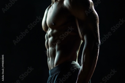 close-up of a fit mans body with a focus on his abs - on dark background