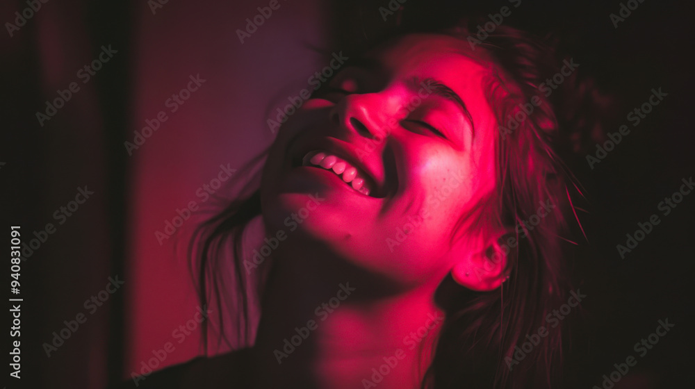 A woman smiling under red lighting in a dimly lit room A woman smiling under red lighting in a dimly lit room